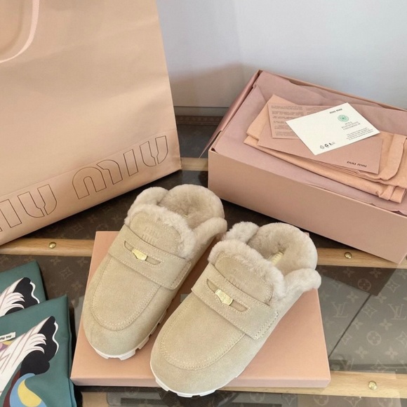Miu Miu Shoes - Miu Miu Beige Fur-Lined Slippers